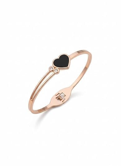 Golden Adjustable/Openable Love Black Heart Stone Bracelet For Women, Stylish Diamond Nug Crystal Black Gemstone Heart Shape Kada Bangle Wrist Band Gift Jewellery For Women’s And Girl’s