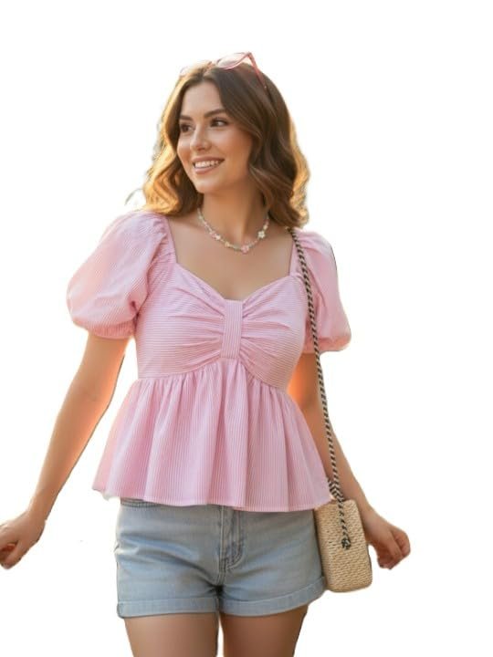 Women’s Peplum Top, Blue and White Striped, Cotton Blend, Puff Sleeves with Ruched Sweetheart Neckline