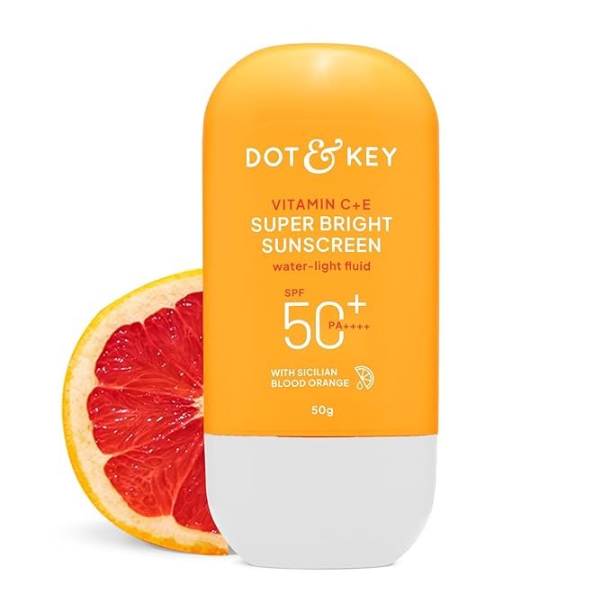 Dot & Key Vitamin C + E Super Bright Sunscreen In-Vivo Tested SPF 50+ PA++++ With New-Age UV Filters, Water-Light Fluid, Boosts Glow, Reduces Dullness & Dark Spots, Checks Tanning, No White Cast| 50G,Pack Of 1 | Sun Protection